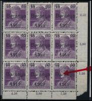 Baranya I. 1919 Károly 45/15f próbanyomat 9-es tömbben (elvált fogak / aparted perfs) Signed: Bodor