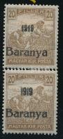 Baranya I. 1919 Arató 20f pár, közte antikva (szakadás, elvált fogak / torn, aparted perfs) Signed: Bodor