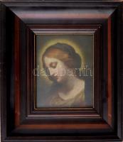 Jelzés nélkül (Móczik József Felicián?): Női szent. Olaj, vászon, kartonon. Hátoldalán utólagos Mócz...