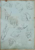 Székely Bertalan (1835-1910): Kezek (tanulmányrajzok), ceruza, papír, jelzett a hátoldalán hagyatéki pecséttel. Üvegezett, sérült fakeretben. 30×20,5 cm