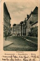 Nagyszeben, Hermannstadt, Sibiu; Heltauergasse. E. B. / szálloda, üzletek / hotel, shops (kis szakadás / small tear)