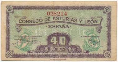 Spanyolország / Asztúria és León Tartomány DN(1937) 40c szükségpénz "028214" sorszámmal T:F Spain / Province of Asturias and León ND(1937) 40 Centimos necessity money (notgeld) with "028214" serial number C:F Krause P#S602