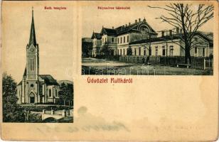Ruttka, Vrútky; katolikus templom, pályaudvar, vasútállomás. A Felvidéki Magyarság nyomdája kiadása / Catholic church, railway station (fl)