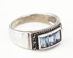 Ezüst(Ag) gyűrű kék kövekkel, markazittal, jelzett, méret: 51, bruttó: 3,8 g