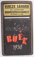 1938 Hódmezővásárhely, Vincze Sándor mész- és festékkereskedése reklámos fali / asztali naptár, dekoratív kartonon, apró sérülésekkel, kissé foltos. 32x19 cm
