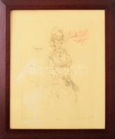 Almásy Aladár (1946-): Régi virágáruslány. Rézkarc, papír, jelzett, számozott (60/100), üvegezett fakeretben, 39×29 cm