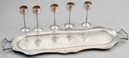 Antik tálca, ezüstözött alpakka, 47x13 cm + 5 pohár.