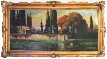 Jelzés nélkül, XX. sz. eleje: Táj hattyúkkal. Olaj, vászon. Sérült. 52x120 cm. Dekoratív, sérült fakeretben. KIZÁRÓLAG SZEMÉLYES ÁTVÉTEL, NEM POSTÁZZUK / ONLY PERSONAL COLLECTION IN OUR OFFICE!