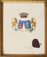 cca 1902 Várkonyi és bősi gróf Amade-Üchtritz és báró Bánhidy család egyesített címer terve, tempera, papír, Amade család kissé sérült viaszpecsétjével hitelesítve és "in ordine" (rendben) kézzel írt felirattal, lapon apró foltokkal, üvegezett fakeretben, 33x26 cm