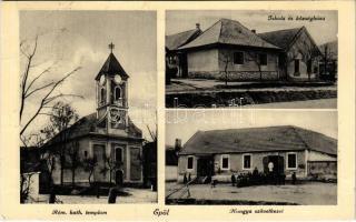 1936 Epöl, Római katolikus templom, Iskola, Községháza, Hangya szövetkezet üzlete és saját kiadása. Szombathelyi Nándor felvétele (gyűrődés / crease)