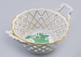 Herendi zöld Apponyi mintás Áttört kosárka. Kézzel festett, jelzett, hibátlan. 14x11 cm