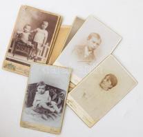 cca 1880-1910 Hölgyek, gyermek- és babaportrék, 7 db vizitkártya klf. műtermekből (közte Carposio, Fiume; Marian, Pozsony; stb.), változó állapotban, 10,5x6,5 cm körül