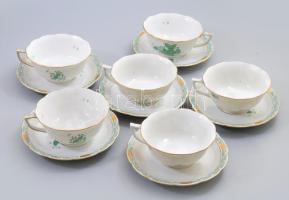 6 db Herendi zöld Apponyi mintás teás csésze, aljjal. Kézzel festett, jelzett, minimális kopással