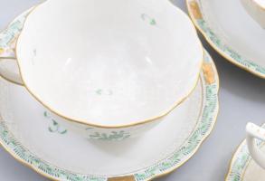 6 db Herendi zöld Apponyi mintás teás csésze, aljjal. Kézzel festett, jelzett, minimális kopással