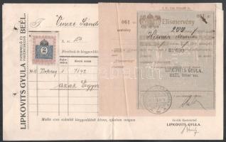1910 Beél (Bél, Beliu), Lipkovits Gyula fatermelő és fakereskedő 2 db fejléces számlája, összetűzve, 2x2f okmánybélyeggel