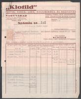 1944 Nagyvárad (Oradea), ,,Klotild" festék-, kence-, lakk-, kocsikenőcs- és vegyigyár fejléces számla, 10f okmánybélyeggel + edény-nyilvántartási számla + fuvarlevél
