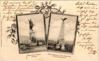 1900 Segesvár, Schässburg, Sighisoara; Petőfi Sándor szobra, fejéregyházi honvédemlék a turulmadárról. Fritz Teutsch kiadása / statue, monument. Art Nouveau, floral (EK)