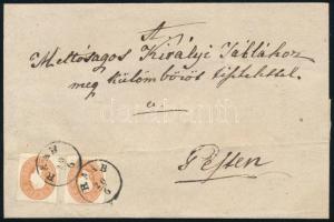~1861 Levél 2 x 10kr bérmentesítéssel "RAAB" - "PEST / Abends"
