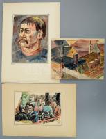 Ujváry Lajos (1925-2006), 5 db rajz: Öreg pince, háztetők, Dózsa portré, Presszóban és cím nélküli t...