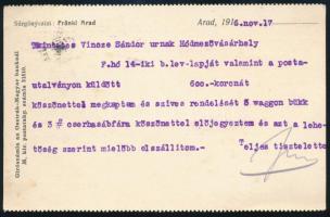 1916 Arad, Fränkl S. József fakereskedő fejléces levelezőlapjára írt üzleti levele Vincze Sándor hód...