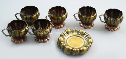 6 db ezüstözött réz kávés csésze, aljjal, kopásokkal