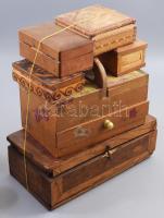 6 db fa dobozka különböző méretben, közötte antik is 28x16 cm-ig