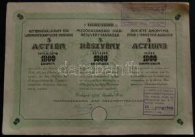 1923. "Mezőgazdasági Ipar-Részvénytársaság" részvénye 1000K-ról, 10.000K 1923-as + 15P 1925-ös fny-sal, 3 nyelven, szelvényekkel