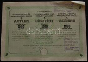 Románia 1923. Arad-Mezőgazdák Kereskedelmi Részvénytársaság részvénye 3000L-ről 300L 1929-es bélyegzővel, magyar és román nyelven, szelvényekkel