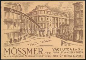 1938 Mössmer vászon és fehérnemű cég dekoratív reklámos levelezőlapja új helyre való költözése alkalmából, postán elküldve, szép állapotban