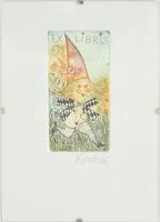 Kondor Lajos (1926-2006): Női akt (ex libris). Színes rézkarc, papír, jelzett, üveg mögött, 10×5 cm