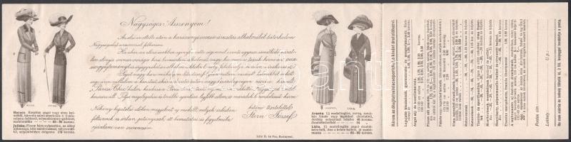 1911 Stern József, Budapest Kálvin téri divatáru kereskedő háromrészes kinyitható reklámlapja, árakk...