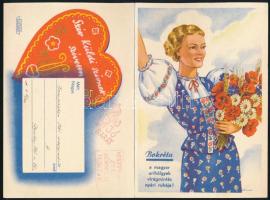 cca 1936 A Nagykovácsy Üzletház (Bp. Kossuth Lajos utca) dekoratív, kihajtható "Bokréta" virágmintás nyári ruha magyar úrihölgyek számára reklámlapja, Klösz nyomás, postán elküldve, szép állapotban