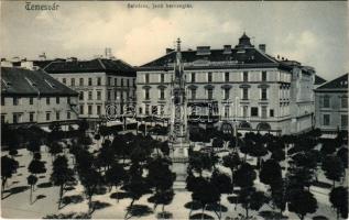 Temesvár, Timisoara; Belváros, Jenő herceg tér fákkal, Rukavina emlékmű (Szégyenszobor), Temesi Agrár Takarékpénztár, Turul cipőgyár főraktára, üzletek / square, monument, savings bank, shoe warehouse, shops