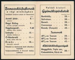 1947 Bp. Széna téri Domoszlói Italpince kétlapos, kihajtható árlapja, szép állapotban
