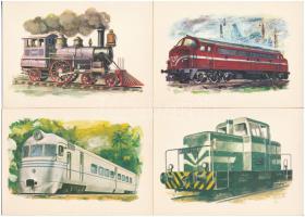 MOZDONYOK - 18 db modern grafikai lap mozdonyokkal (1861-1962) a saját tokjában, Kondor Lajos grafik...