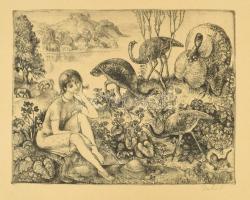 Szabó Vladimír (1905-1991): Pulykák. Rézkarc, papír, jelzett. 29x39 cm