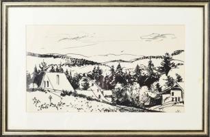 Jelzés nélkül, magyar festő, XX. sz. vége: Szilvásváradi táj. Filctoll, papír, üvegezett fakeretben, 23x41,5 cm