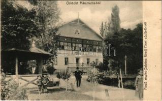 Szlatinafüred, Slatina (Aknaszlatina, Solotvyno; Máramaros); Pável sósfürdő, vendéglő, étterem, fürdő részlet. Kaufman Ábrahám és fiai kiadása (Máramarossziget) / spa, restaurant (fl)