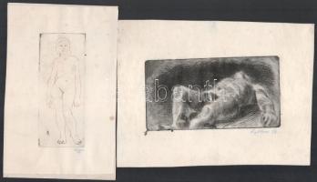 Ősz Dénes (1915-1980), 3 db grafika: Fiatalkori kalapos önarckép, női és férfi akt. Rézkarc, papír. ...