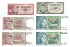 Jugoszlávia 1986. 100D "CC 5052356" + 500D "BN 2889108" + 1987. 20.000D (2x) sorszámkövetők "AF 9498798 - AF 9498799" + 1988. 50.000D (2x) sorszámkövetők "BA 4226202 - BA 4226203" T:UNC,AU Yugoslavia 1986. 100 Dinara "CC 5052356" + 500 Dinara "BN 2889108" + 1987. 20.000 Dinara (2x) consecutive serials "AF 9498798 - AF 9498799" + 1988. 50.000 Dinara (2x) consecutive serials "BA 4226202 - BA 4226203" C:UNC,AU