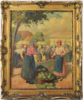 Ott Zoltán (1881-?): Piac. Olaj, vászon. Jelezve jobbra lent. Kissé sérült. 65x52 cm. Dekoratív, sérült fakeretben.
