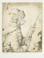 Vasvári (Vasváry) József (1904-1993): Kardját vizsgáló kuruc. Rézkarc, papír, jelzett, számozott (5/300), 34,5x29,5 cm