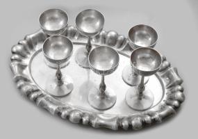 Ezüst (Ag) likőrös készlet, 6 pohárral, jelzett, 469g