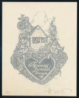 Haranghy Jenő (1894-1951): Dr. Ferenczy Ferencék könyve (ex libris). Vonalas klisé, papír, jelzett a klisén, a lap alján Haranghy Jenő ceruzás szignójával, 9,5x7,5 cm