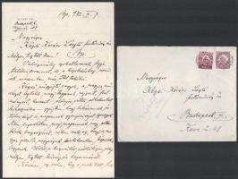 1932 Dr. Kéri Pál műgyűjtő levele Kézdi-Kovács László (1864-1942) festőművész, műkritikus részére, amelyben egy időpontot kér műteremlátogatásra és taglalja műgyűjtési szempontjait. Fejléces papíron, másfél kézzel írt oldal, Kéri Pál autográf aláírásával. Eredeti borítékban, rajta Kézdi-Kovács László autográf feliratával.