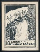Jaschik Álmos (1885-1950): Ex libris Schwarcz László, 1921. Vonalas klisé, papír, jelzett a klisén, kartonra ragasztva, 10x7,5 cm