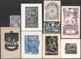 9 db vegyes ex libris, klf. alkotók (Val Biro, Várkonyi Károly, Fery Antal, stb.) és technika, papír, 5x4,5 cm és 15x9,5 cm közötti méretben