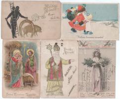 11 db főleg RÉGI karácsonyi üdvözlő képeslap vegyes minőségben, közte litho és dombornyomott is, 2 lap Mikulással / 11 mainly pre-1945 Christmas greeting postcards in mixed quality, including lithos and embossed cards, 2 cards with Saint Nicholas