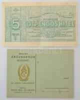 1936. "Kecskeméti Bevásárlási Központ értesítése 5P hitel keretről" zöld színben, vízjeles papírin, hátoldalán bélyegzéssel + "Magyar Árúcsarnok Kecskemét - Az Arany Kalászhoz" levelezőlap T:XF,VF kis folt / Hungary 1936. Announcement of the Kecskeméti Bevásárlási Központ's credit limit in 5 Pengő worth, green print, watermarked paper, with overprint on the back + "Magyar Árúcsarnok Kecskemét - Az Arany Kalászhoz" postcard C:XF,VF small spot