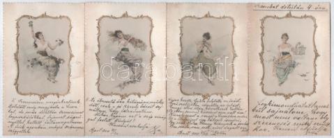 4 db RÉGI (1905 előtti) művészlap: hölgyek, dombornyomott kerettel / 4 pre-1905 art postcards: ladies, Embossed frame